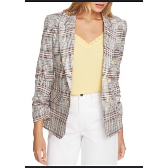 1. State Jackets & Blazers - 1. State Ruched Sleeve Plaid Blazer Jacket Med Preppy Double Breasted Open Front